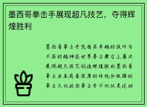 墨西哥拳击手展现超凡技艺，夺得辉煌胜利