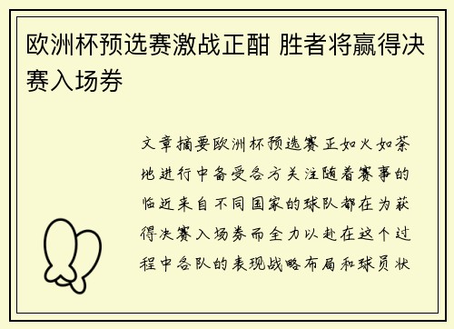 欧洲杯预选赛激战正酣 胜者将赢得决赛入场券